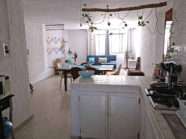A spacious living area with a dining table, a sofa, and a kitchen area with a stove and pots.