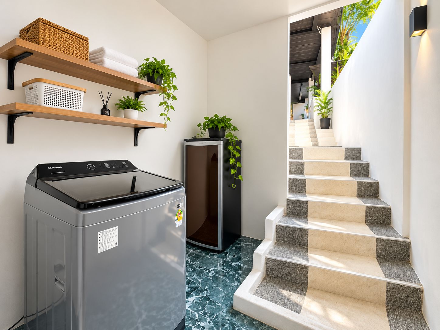 Zona de lavandería con lavadora Samsung, repisas con toallas y plantas, y una escalera que lleva a un espacio exterior.