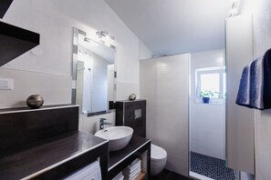 Douche, séchoir à cheveux, serviettes fournies, savon