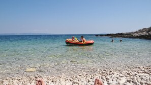 On the beach, sun-loungers