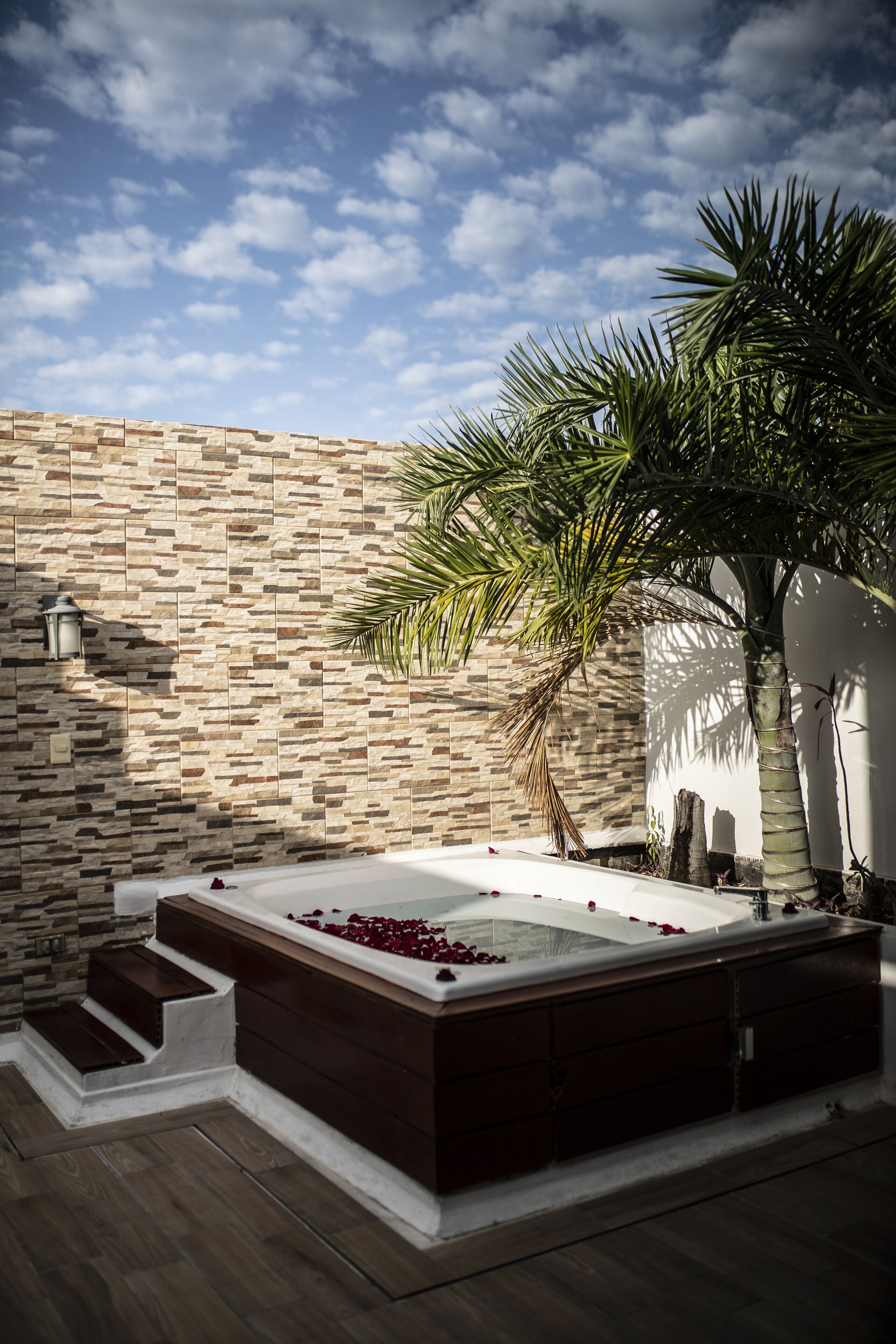 Un área de spa con pared de piedra, una palmera y una bañera de hidromasaje con pétalos de rosa.