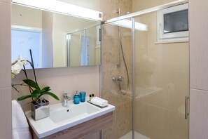 Shower, hair dryer, towels, soap