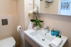 Een douche, een haardroger, handdoeken, zeep