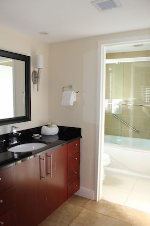 Bathtub, hair dryer, towels, soap
