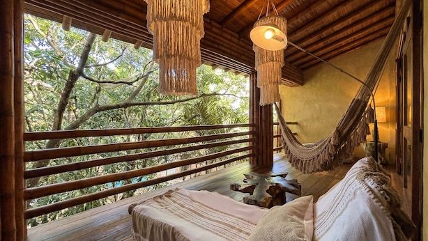 A hammock bed with a view of trees, a wooden ceiling, and a hanging light fixture.