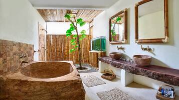 Shower, hair dryer, towels, shampoo