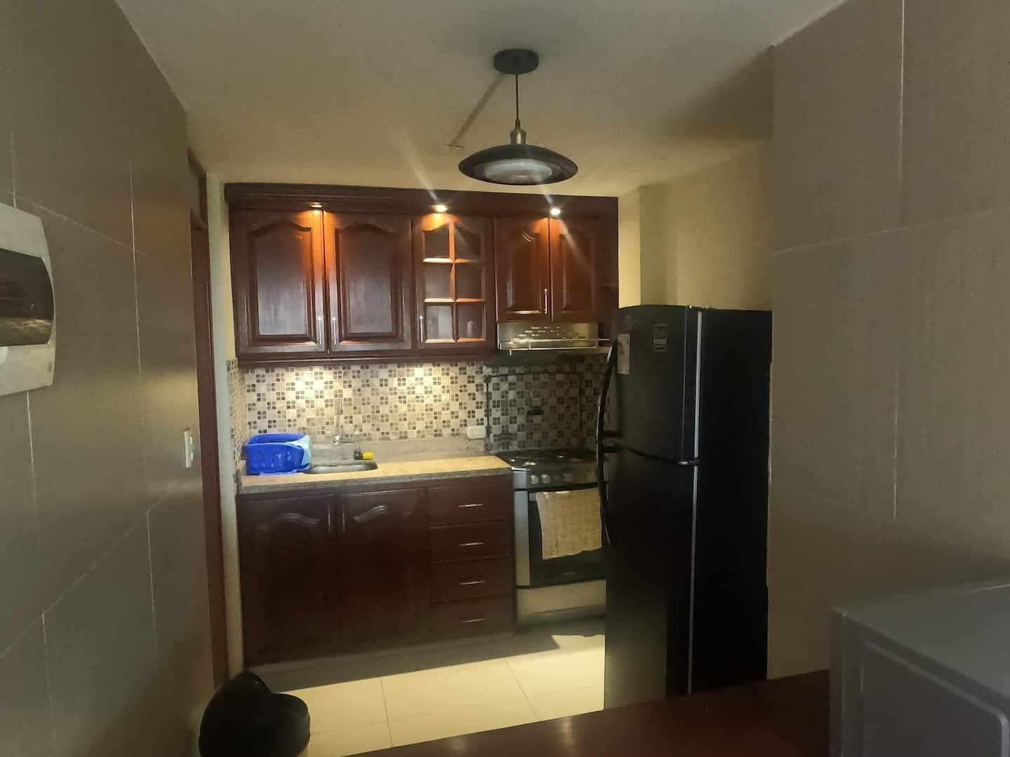 Fridge, microwave, oven, stovetop