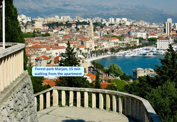 A coastal cityscape with a view of the sea and a marina.