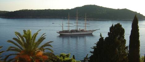 A large sailing ship on calm waters with a forested hill in the background.