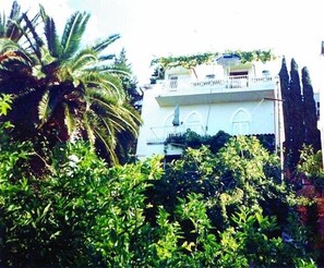 A multi-story building with balconies, surrounded by dense greenery.