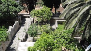 Una escalera de piedra conduce a un edificio con barandilla metálica, rodeada de abundante vegetación y palmeras.