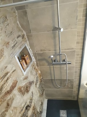 Shower, hair dryer, towels, soap