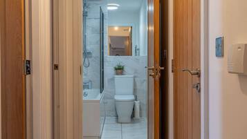 Combined shower/bathtub, hair dryer, towels, soap