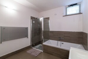 Bathtub, hair dryer, bidet, towels