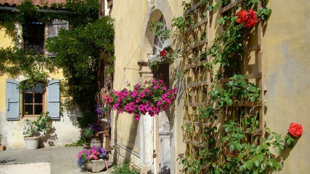 Eine schmale Straße, gesäumt von Häusern, von denen einige Balkone und Blumenkästen haben.