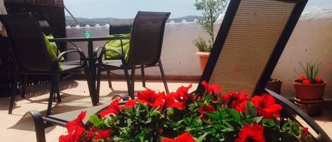 A terrace with outdoor seating, a table, and potted plants.