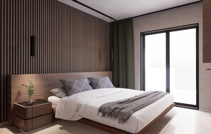 Un dormitorio moderno con cama, mesitas de noche, lámpara de pared y un amplio ventanal con cortinas.