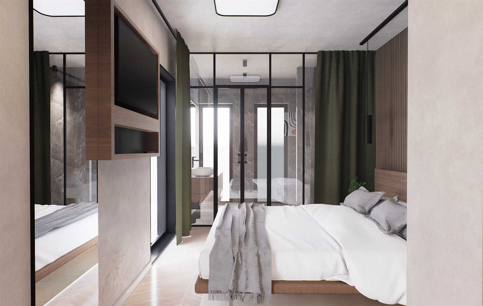 Un dormitorio moderno con cama, mesita de noche y ventana.