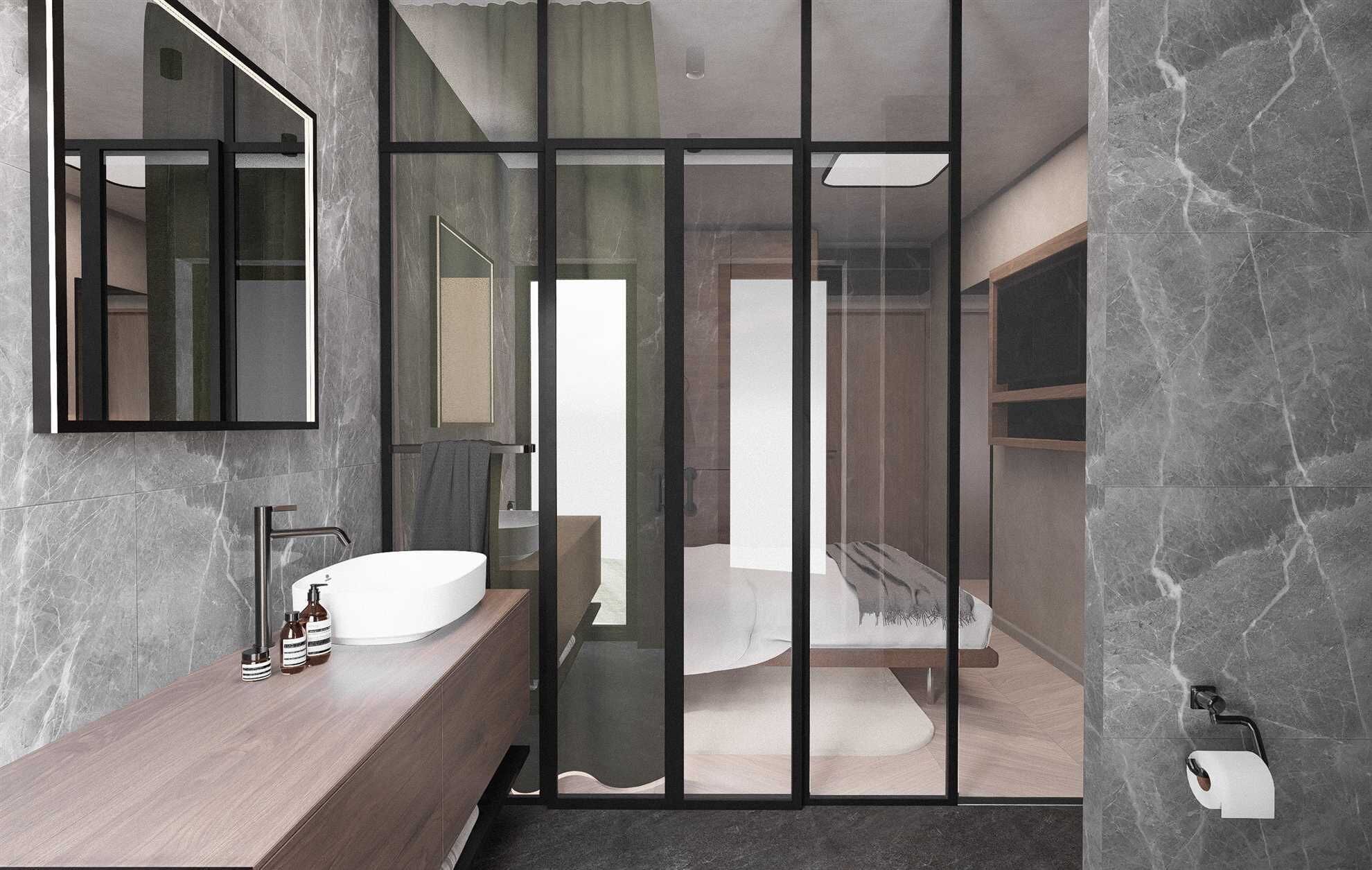 A modern bathroom with a large mirror, a white sink, and a shower area visible through a glass partition.