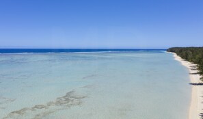 A beach with clear turquoise water, a sandy shore, and a forested area.