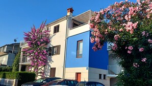 A residential building with a blue facade, parked cars, and flowering trees.