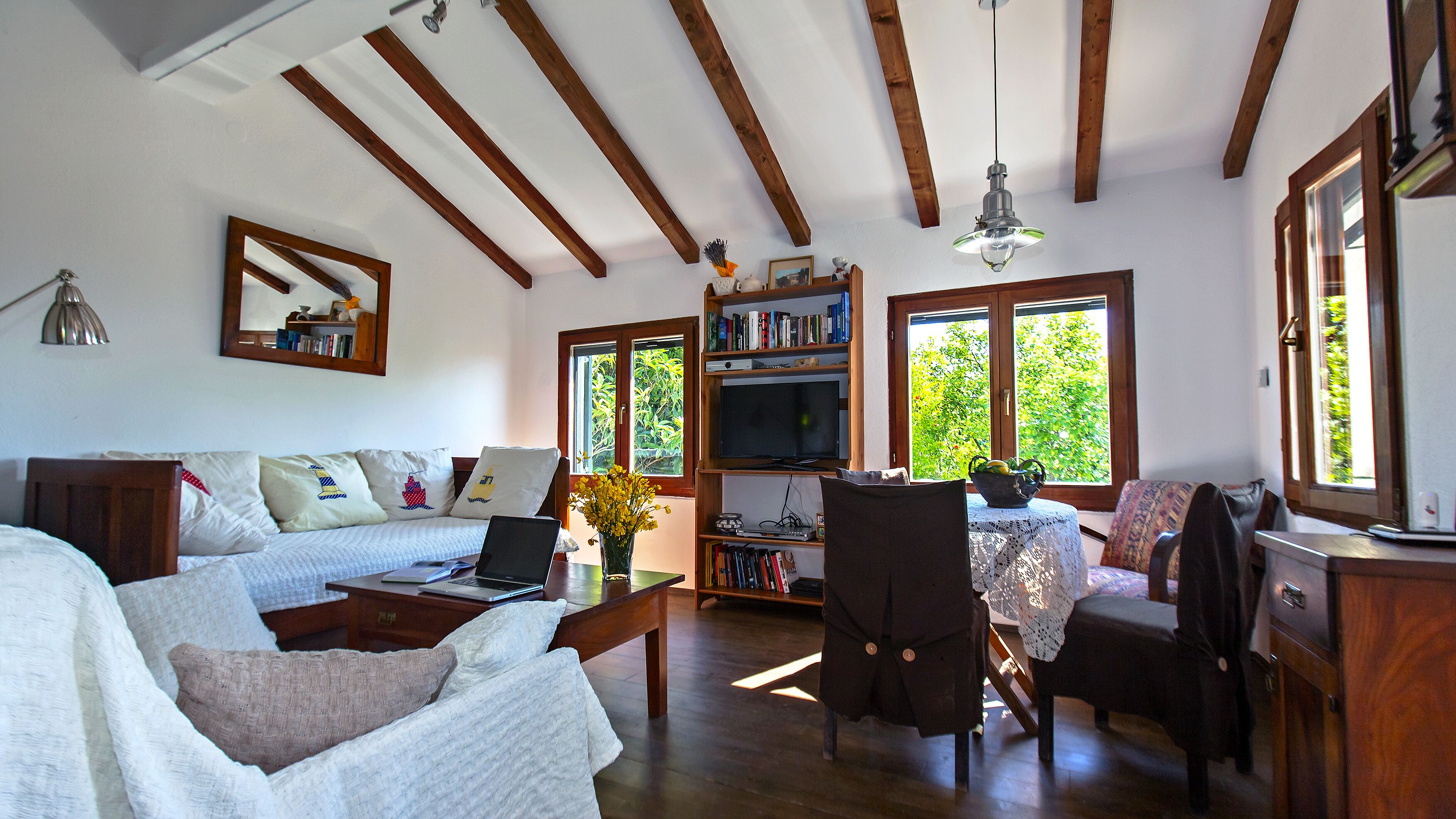 TV, fireplace, DVD player, books