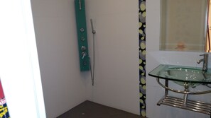 Shower, hair dryer, towels, shampoo