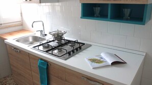 Een moderne keuken met een gasfornuis, een spoelbak en houten kastjes.