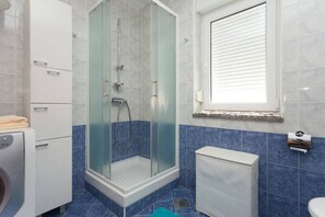 Shower, hair dryer, towels