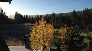 A dog on a wooden deck overlooking a golf course with autumn foliage. - Luxury cottage with panoramic views. Proximity to summer and winter activities. (Hemsedal)