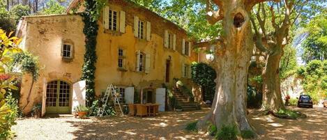 A rustic yellow building with a large tree in front, a gravel driveway, and a car parked nearby.