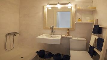 Combined shower/bathtub, hair dryer, towels, soap