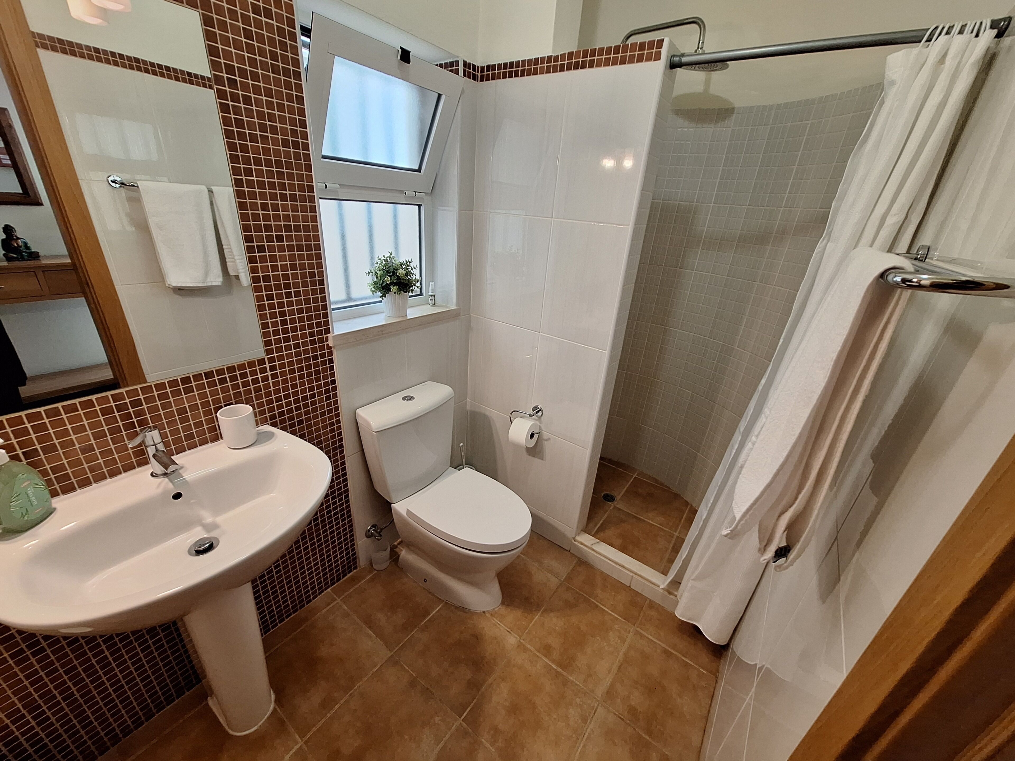 A bathroom with a sink, toilet, and shower.