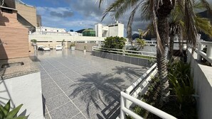 Terraza en la azotea con una palmera, zona de estar y vistas de la ciudad.