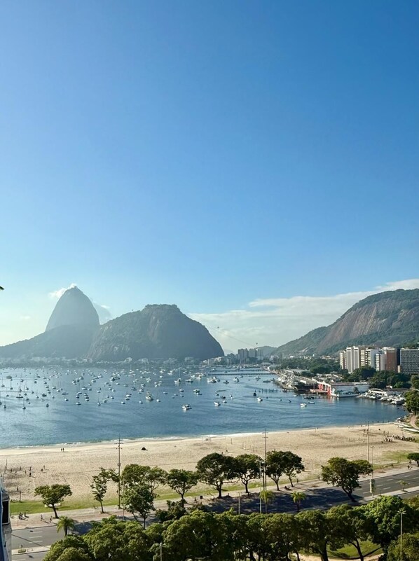 A coastal cityscape with a prominent mountain, a beach, and numerous boats.