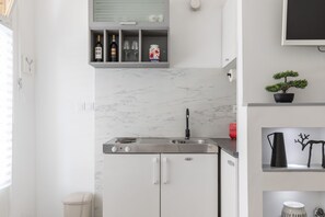 A modern kitchen with a built-in stove, sink, and white cabinets. There is a small shelf above the sink with decorative items and a potted plant.
