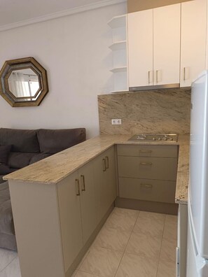 Fridge, microwave, stovetop, coffee/tea maker