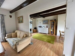 Smart TV, fireplace, DVD player, books