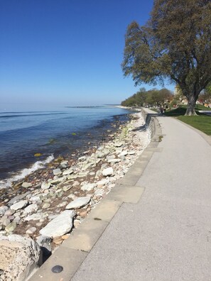 Un paseo marítimo con costa rocosa, cielo azul despejado y árboles a lo largo del sendero.