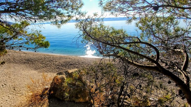 A beach with clear water, surrounded by trees and a rocky outcrop. - Family apartment in Stobrec (Stobrec)