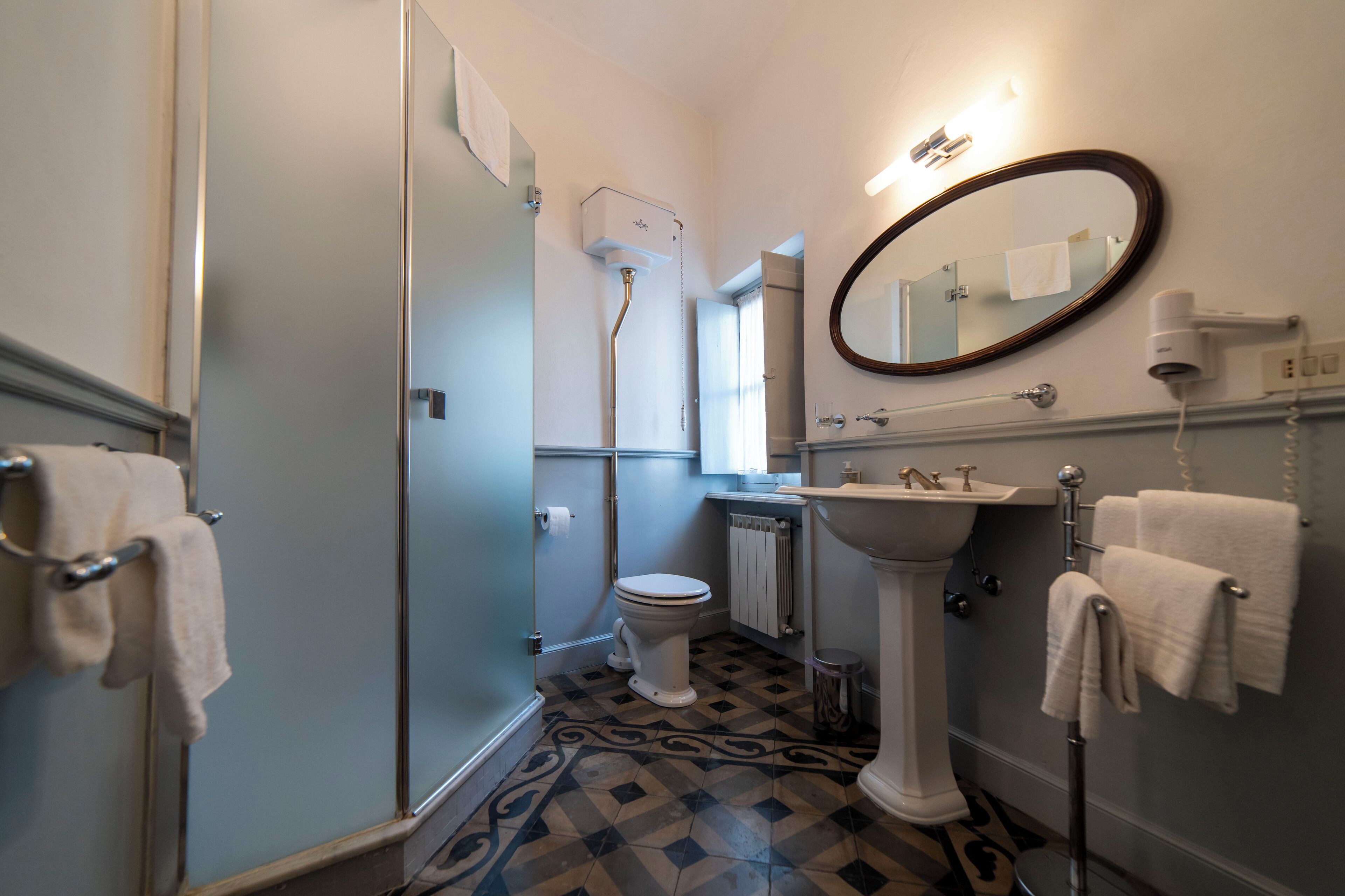 Shower, hair dryer, bidet, towels