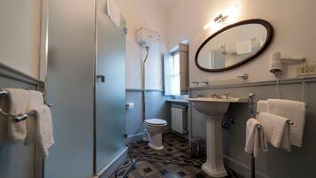 Shower, hair dryer, bidet, towels