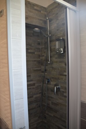 Shower, hair dryer, bidet, towels