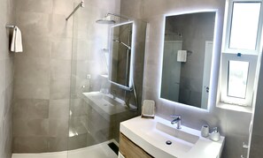 Combined shower/tub, hair dryer, bidet, towels