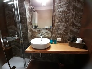 Combined shower/tub, hair dryer, bidet, towels