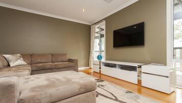 Flat-screen TV, fireplace