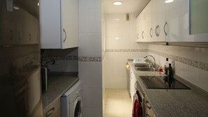 Une cuisine de taille réduite équipée d’un lave-linge, d’un évier et d’une cuisinière.