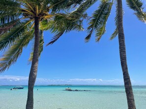 Een strand met helder turquoise water, palmbomen en een boot in de verte.