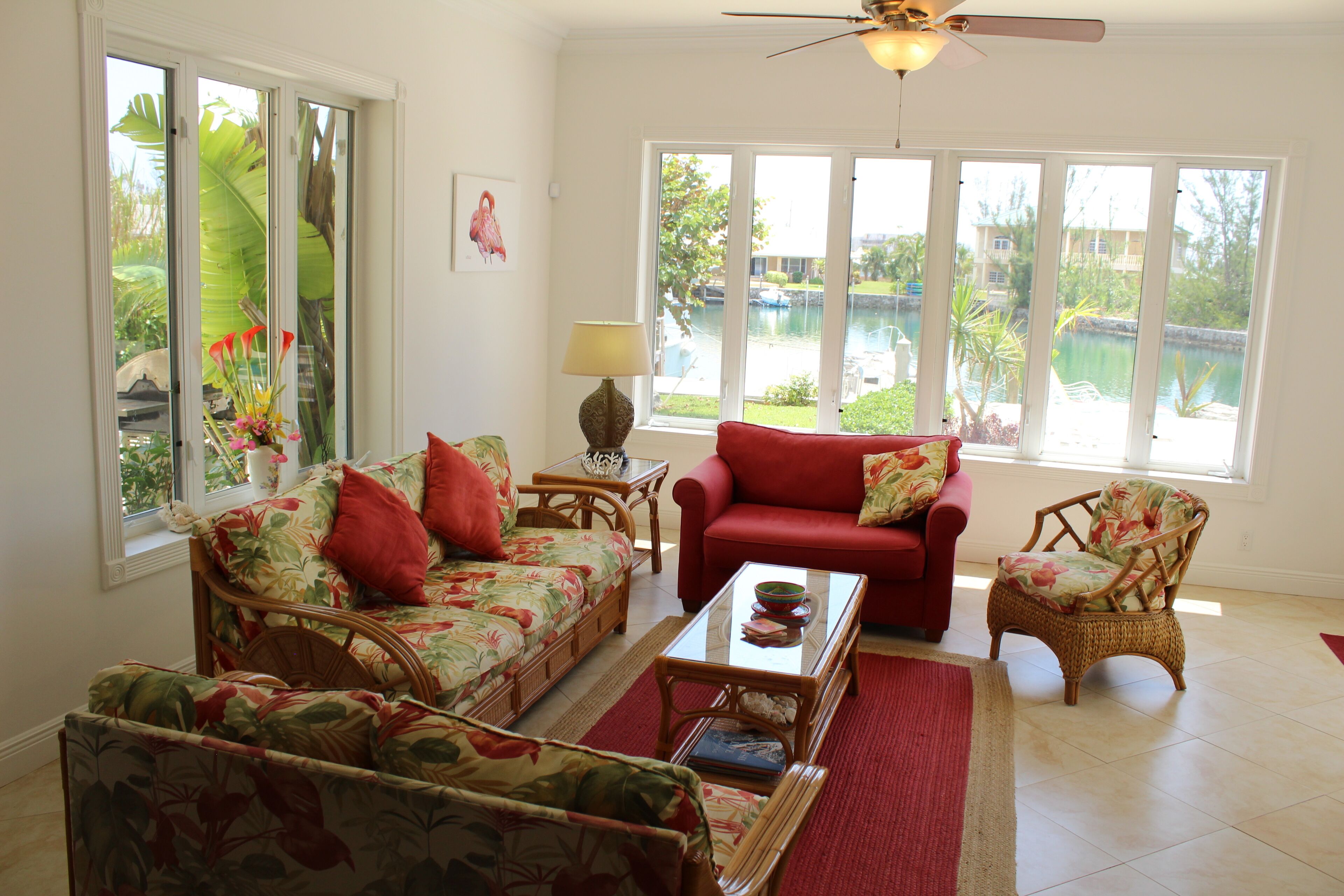 Flat-screen TV, DVD player, books