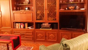 A wooden-paneled living room with a television, bookshelves, and a patterned rug. - Sea house Casa Passiflora, 10 min. beach, BBQ garden  (Pula)